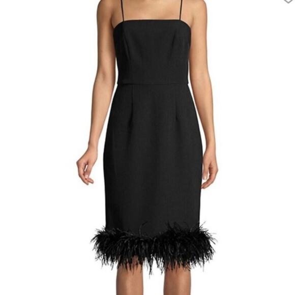 Milly Cady Elle Feather-Hem Sheath Black Midi Dress - Picture 2 of 10